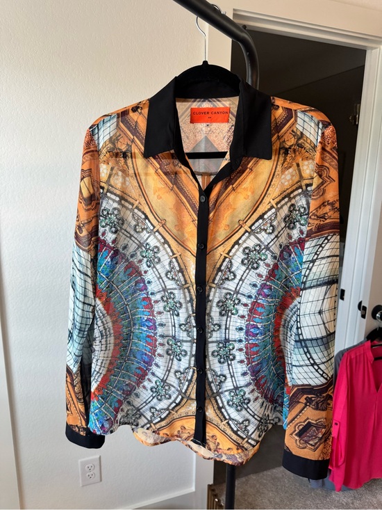 Clover Canyon Tops - Clover Canyon Mosaic Print Button-Up Blouse - Black, Purple, Tan